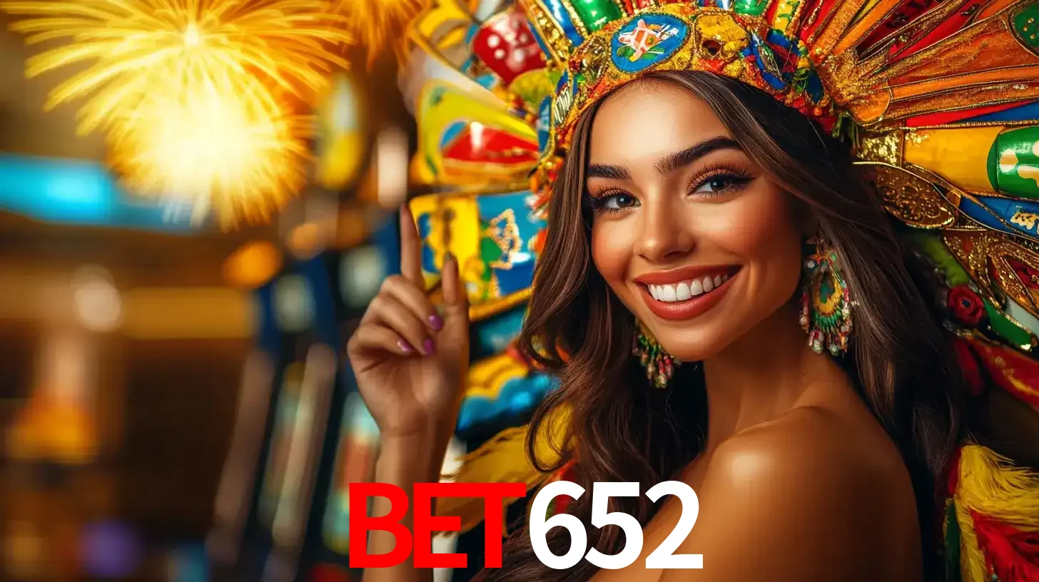 Mulher sorridente com um cocar de carnaval vibrante e colorido, celebrando uma grande vitória nos jogos do cassino bet652 com fogos de artifício ao fundo.