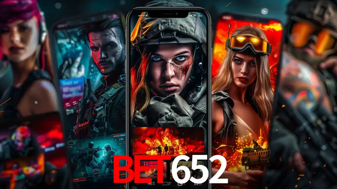 Montagem de telas de celular mostrando diversos personagens, masculinos e femininos, de um jogo de tiro, ilustrando a diversidade de equipes de e-sports para apostar no bet652.