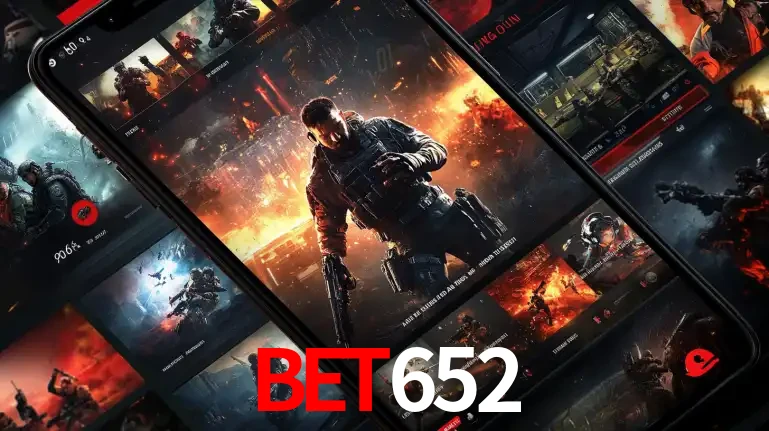 Tela de um celular exibindo uma galeria de jogos de tiro com temática militar, mostrando a variedade de e-sports disponíveis para apostas na plataforma de entretenimento bet652.