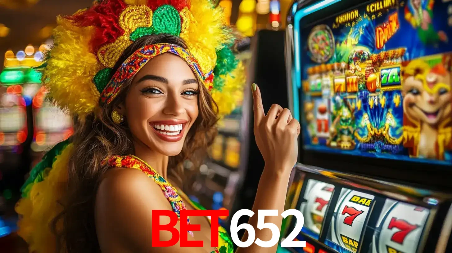 Mulher animada com um cocar de carnaval apontando para uma máquina de caça-níqueis, mostrando a emoção de ganhar um grande prêmio nos jogos do bet652.