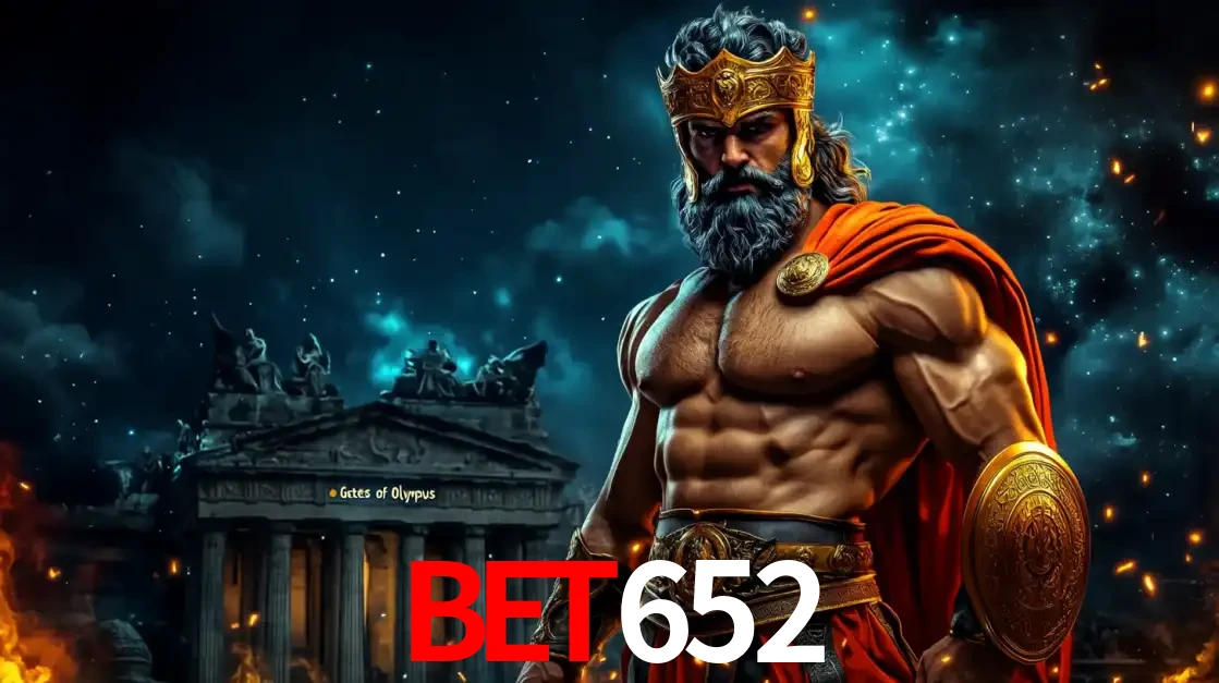 O poderoso Zeus do jogo de slot Gates of Olympus em frente ao seu templo, pronto para lançar multiplicadores divinos e prêmios épicos no cassino online bet652.