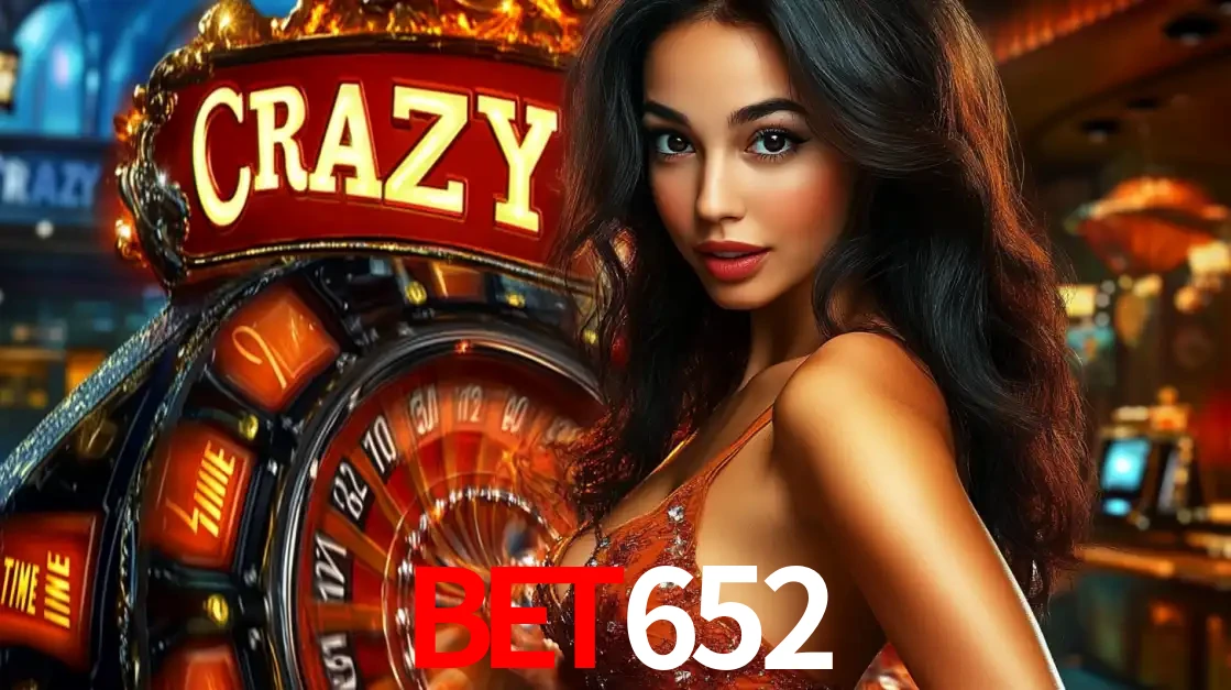 Mulher glamourosa olhando para a câmera com a roda vermelha do Crazy Time ao fundo em um ambiente de cassino, destacando a emoção dos jogos ao vivo no bet652.