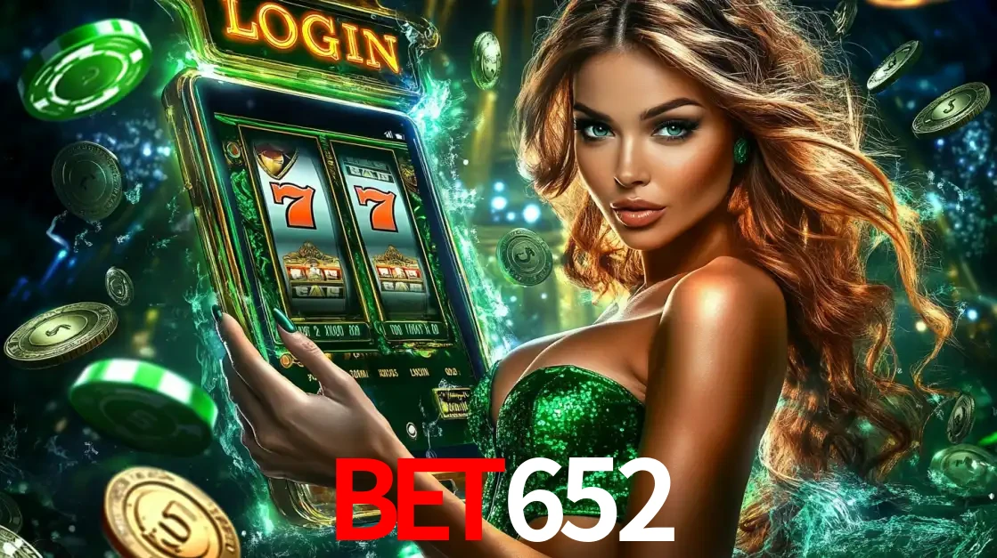 Mulher com tema verde apresentando o aplicativo do cassino bet652 com um jogo de slot de 777, cercada por fichas de cassino e uma aura de sorte.