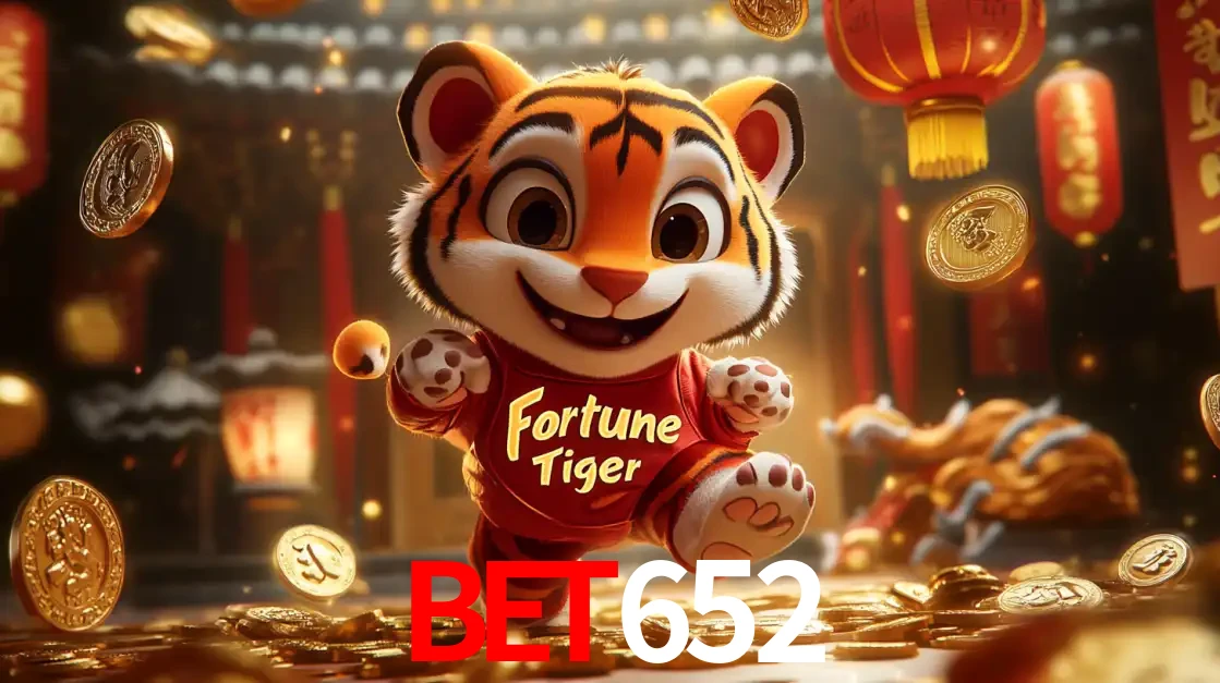O alegre personagem do Fortune Tiger correndo sobre um caminho de moedas de ouro, simbolizando os grandes prêmios e a diversão do popular jogo de slot do bet652.