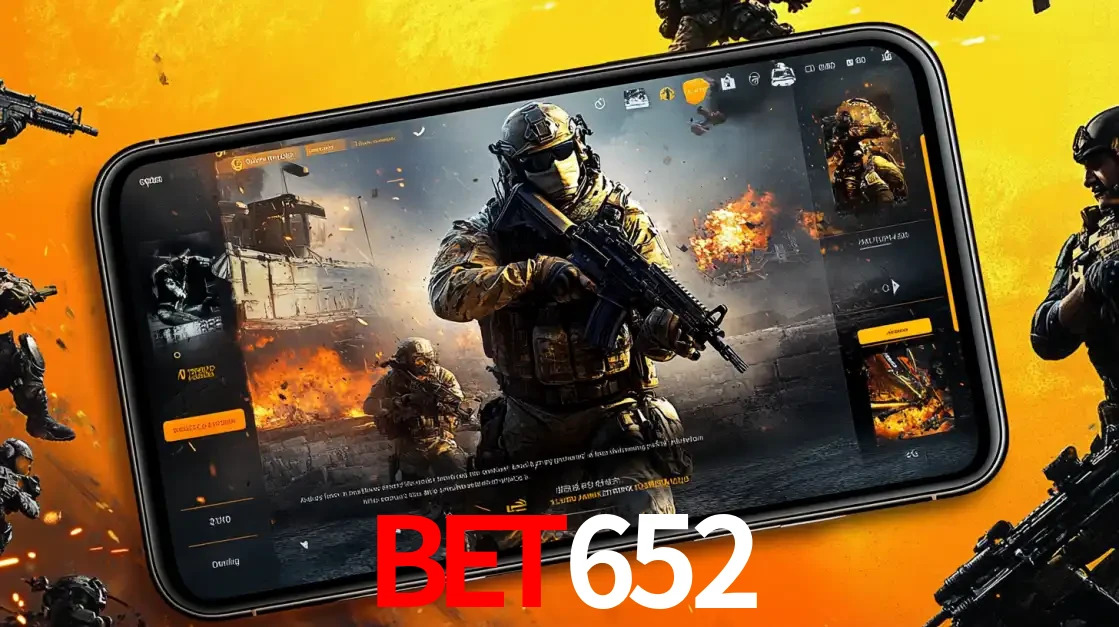 Um smartphone exibindo a interface de um jogo de tiro em primeira pessoa, com um soldado em um cenário de batalha, representando a ação dos e-sports para apostar no bet652.