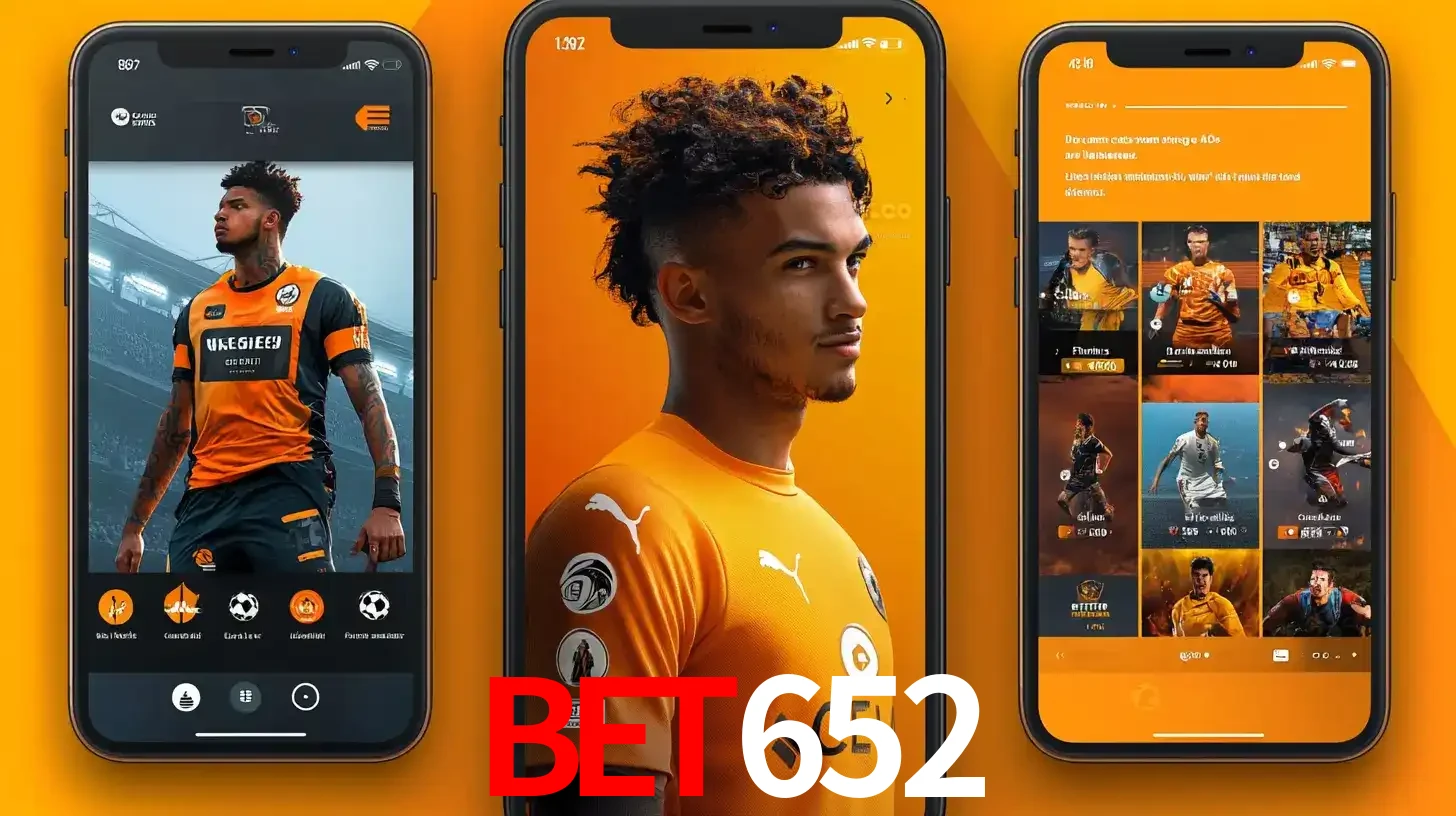 Interface do aplicativo de apostas esportivas bet652 em três telas de celular, mostrando o perfil de um jogador de futebol e a lista de jogos disponíveis para apostar.