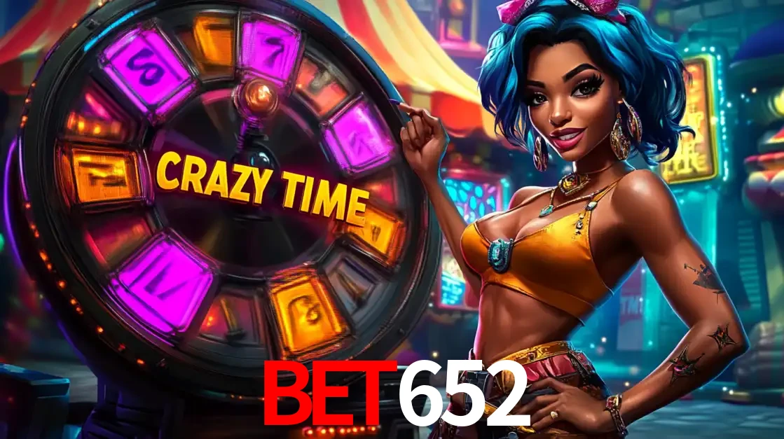 Mulher estilizada com cabelo azul e visual vibrante posando ao lado da roda de prêmios do game show Crazy Time, convidando para a diversão e os bônus do cassino bet652.