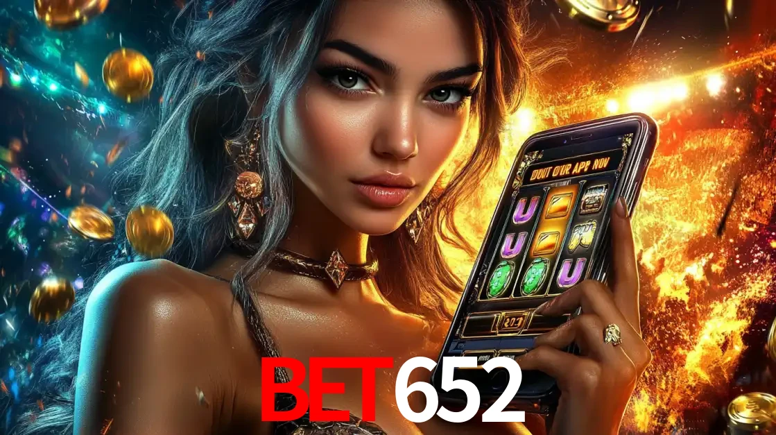 Mulher elegante mostrando um jogo de caça-níqueis em seu smartphone, destacando a experiência de cassino móvel oferecida pelo aplicativo bet652.