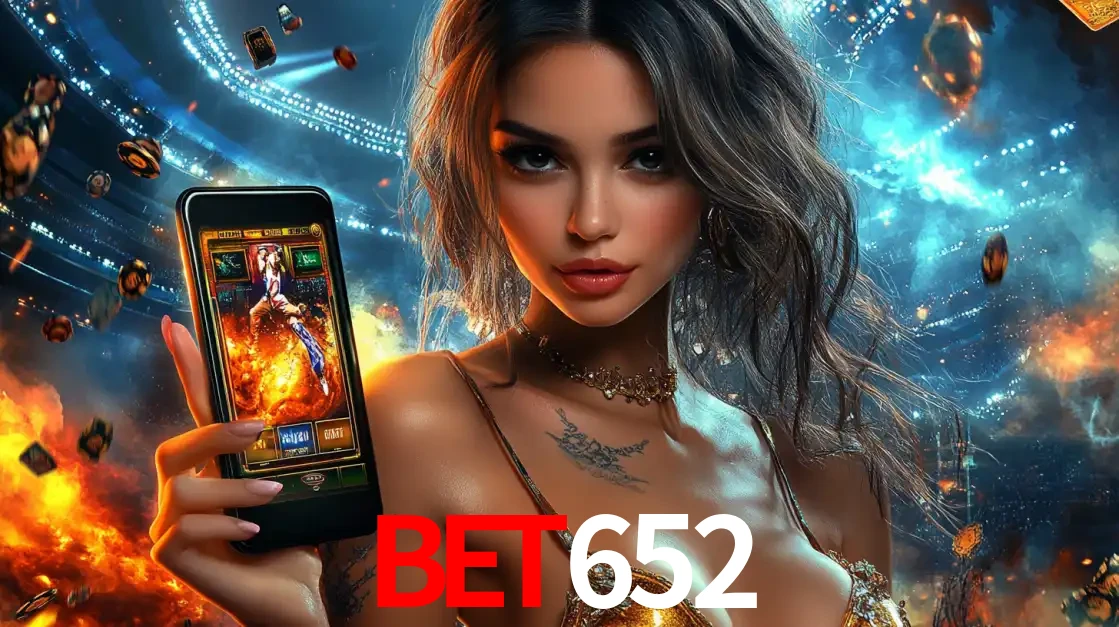 Mulher segurando um celular com um jogo de slot em destaque, tendo como fundo um estádio vibrante, simbolizando a emoção de jogar no cassino móvel bet652.
