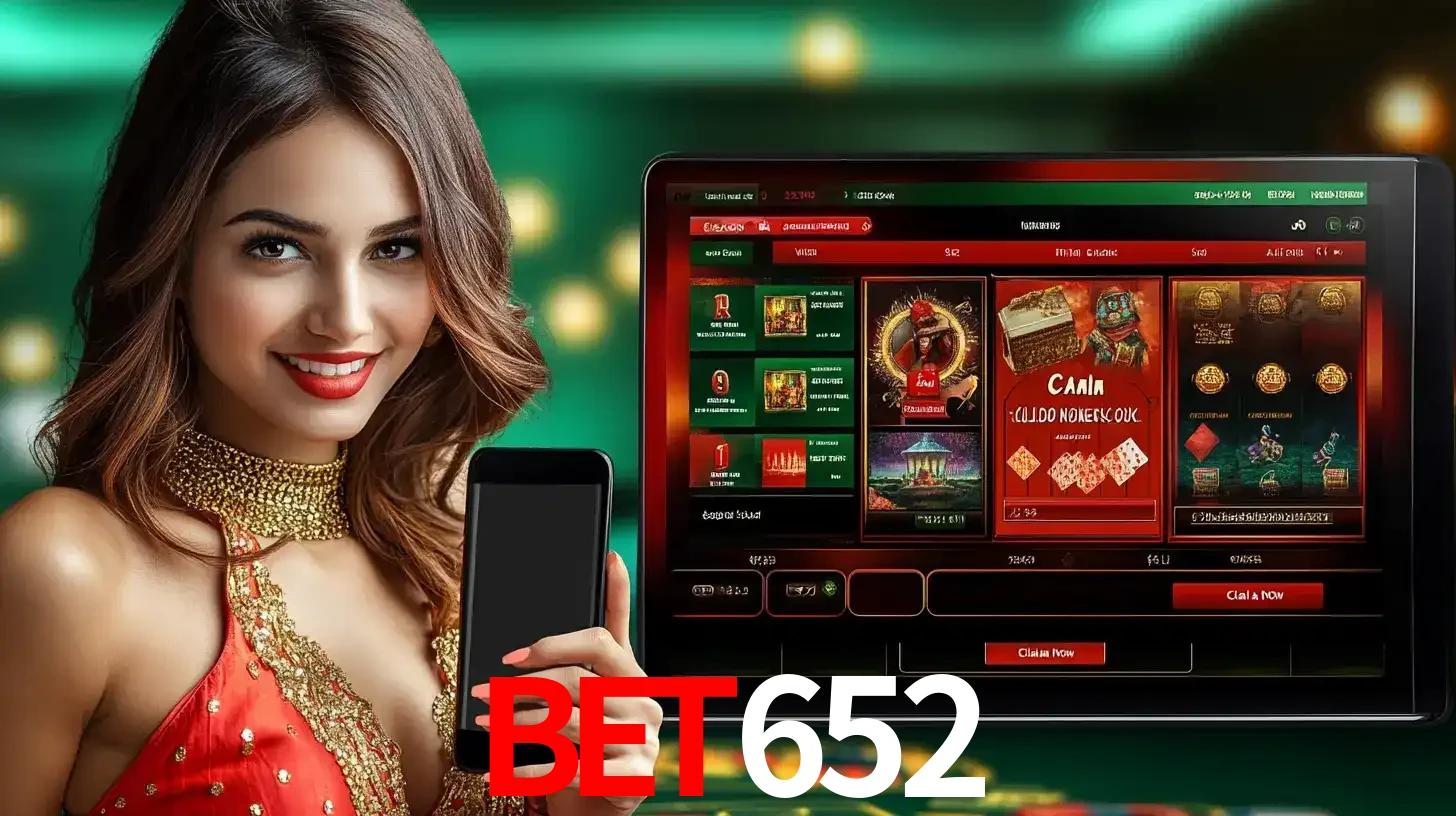 Mulher sorridente segurando um smartphone, ao lado de uma tela exibindo o lobby de jogos do cassino online bet652, com várias opções de jogos de cartas e slots.